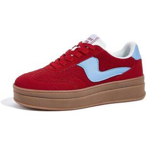 Women Platform Red Blue Sneaker Thick Sole Suede Leather Low Top Walking Shoes